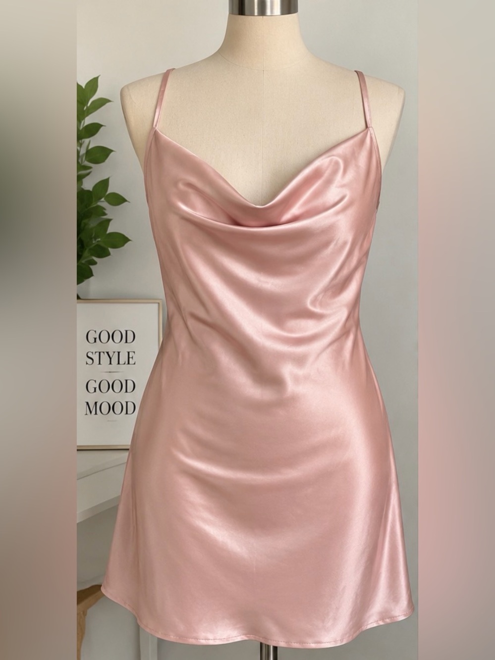 Blush Pink Satin Cowl Neck Slip Dress Size Large